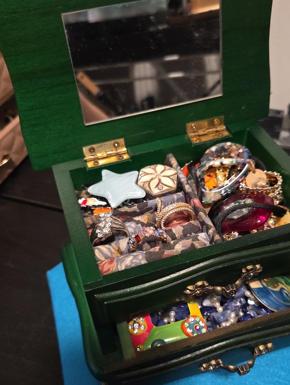 Green Wooden Jewelry Box with Mirror Filled With Jewelry